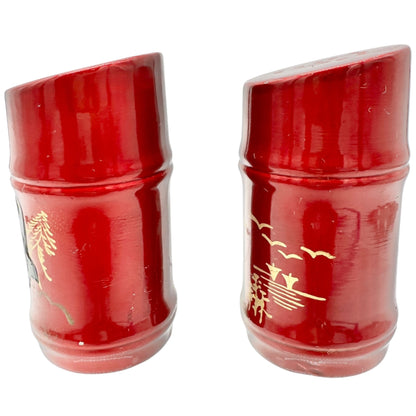Vtg Red Ceramic Asian-Style Salt and Pepper Shaker Set Hand-Painted Pagoda Crane