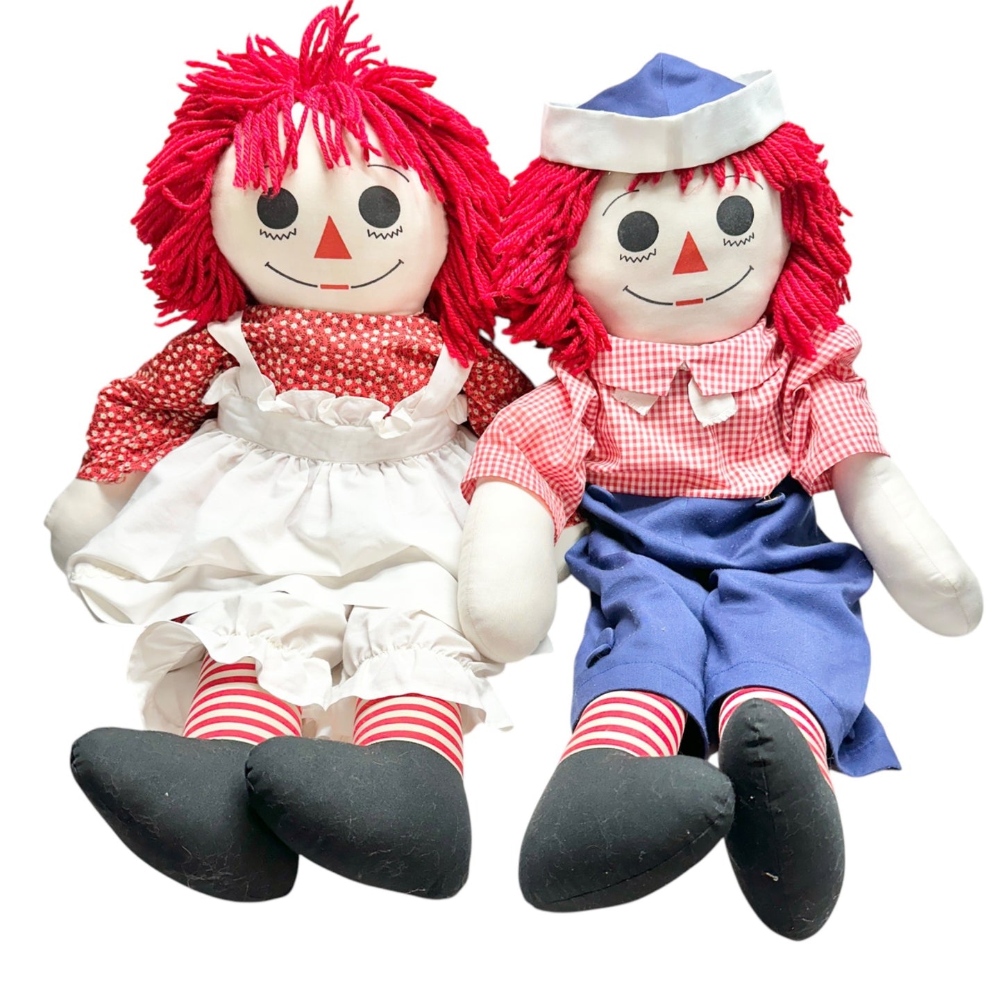 Handmade 1960s Raggedy Ann Andy Dolls Red Yarn Hair Cloth Bodies Classic 34x19
