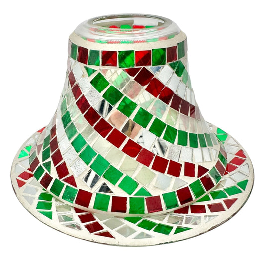 Yankee Candle Christmas Red Green Mosaic Mirror Tile Candle Plate Shade Set