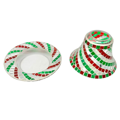 Yankee Candle Christmas Red Green Mosaic Mirror Tile Candle Plate Shade Set