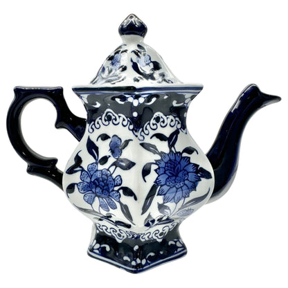 Vintage Inspired Hexagonal Ceramic Teapot With Lid Blue White Floral Design