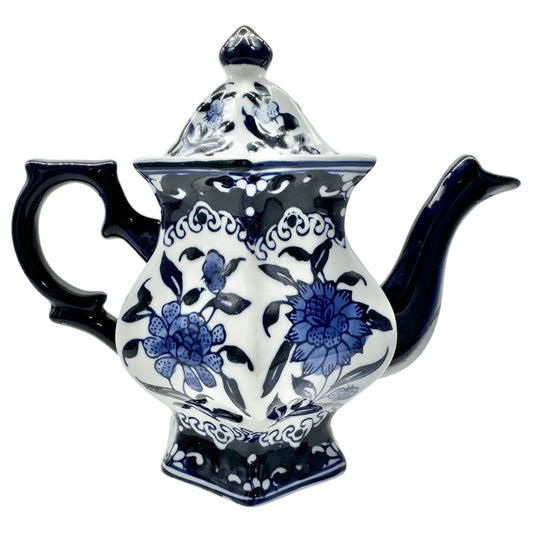 Vintage Inspired Hexagonal Ceramic Teapot With Lid Blue White Floral Design