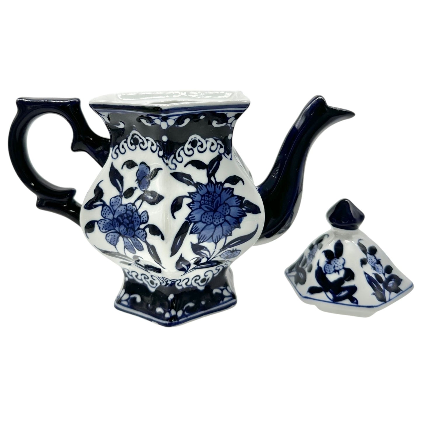 Vintage Inspired Hexagonal Ceramic Teapot With Lid Blue White Floral Design