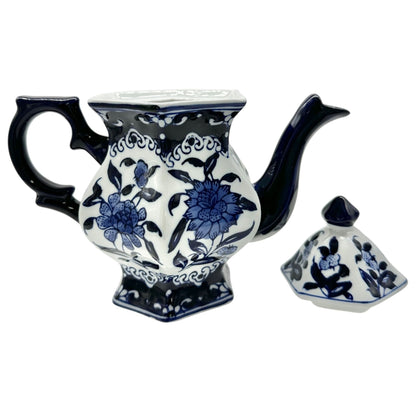 Vintage Inspired Hexagonal Ceramic Teapot With Lid Blue White Floral Design