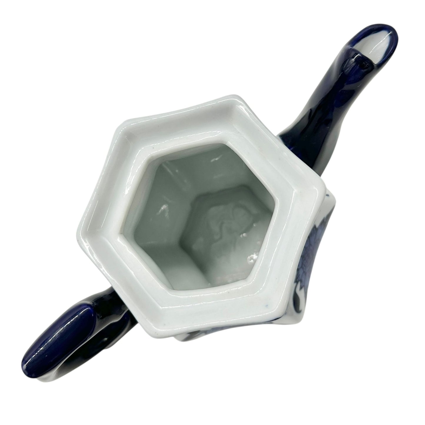 Vintage Inspired Hexagonal Ceramic Teapot With Lid Blue White Floral Design
