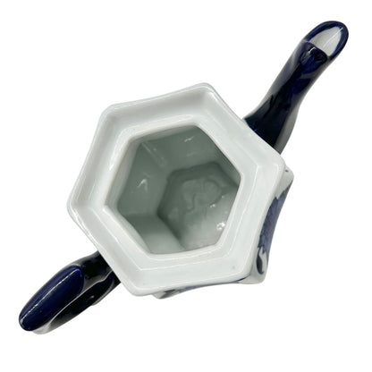 Vintage Inspired Hexagonal Ceramic Teapot With Lid Blue White Floral Design