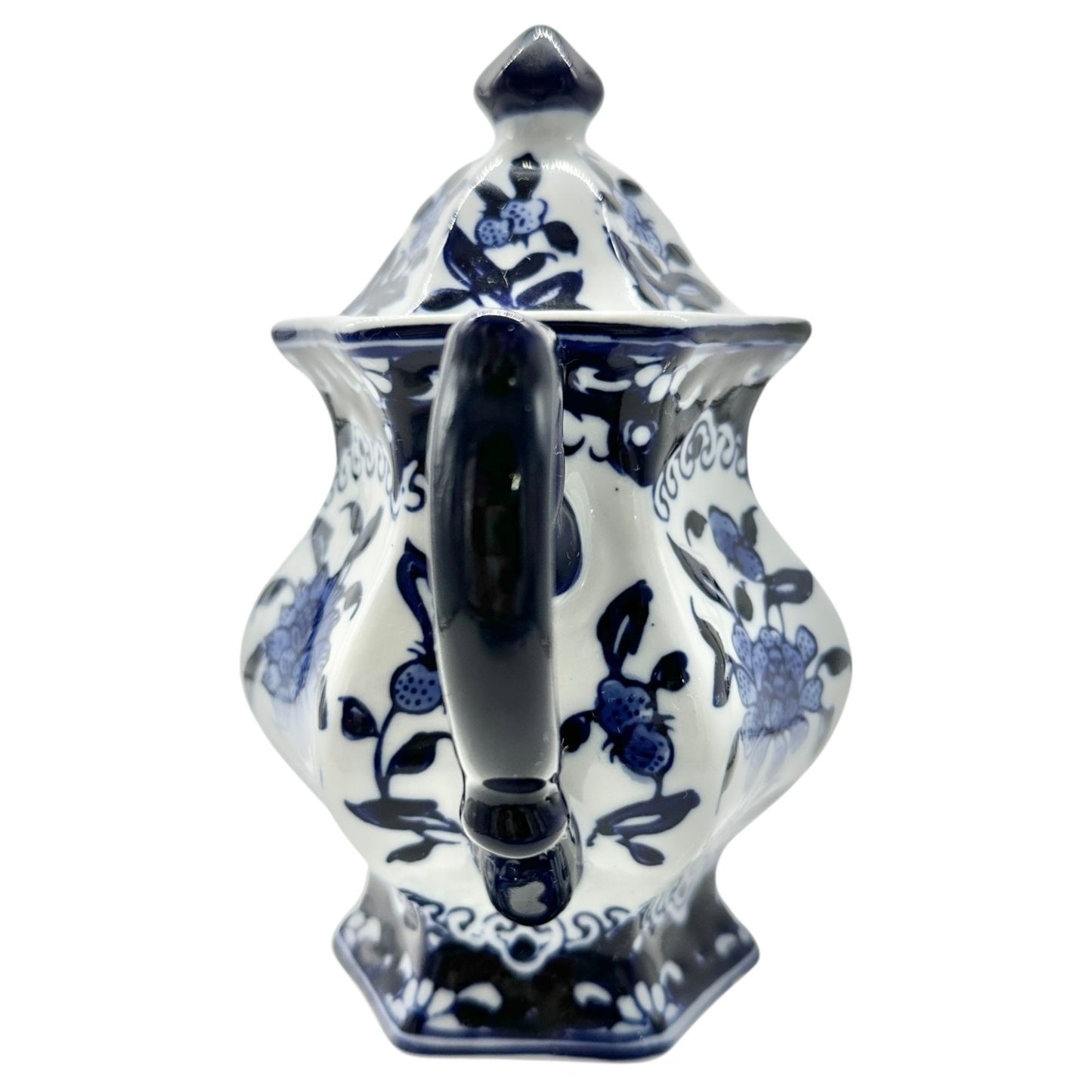 Vintage Inspired Hexagonal Ceramic Teapot With Lid Blue White Floral Design