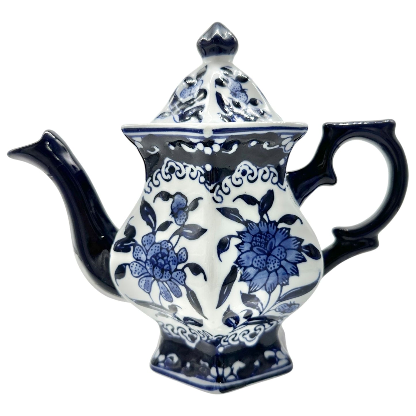 Vintage Inspired Hexagonal Ceramic Teapot With Lid Blue White Floral Design