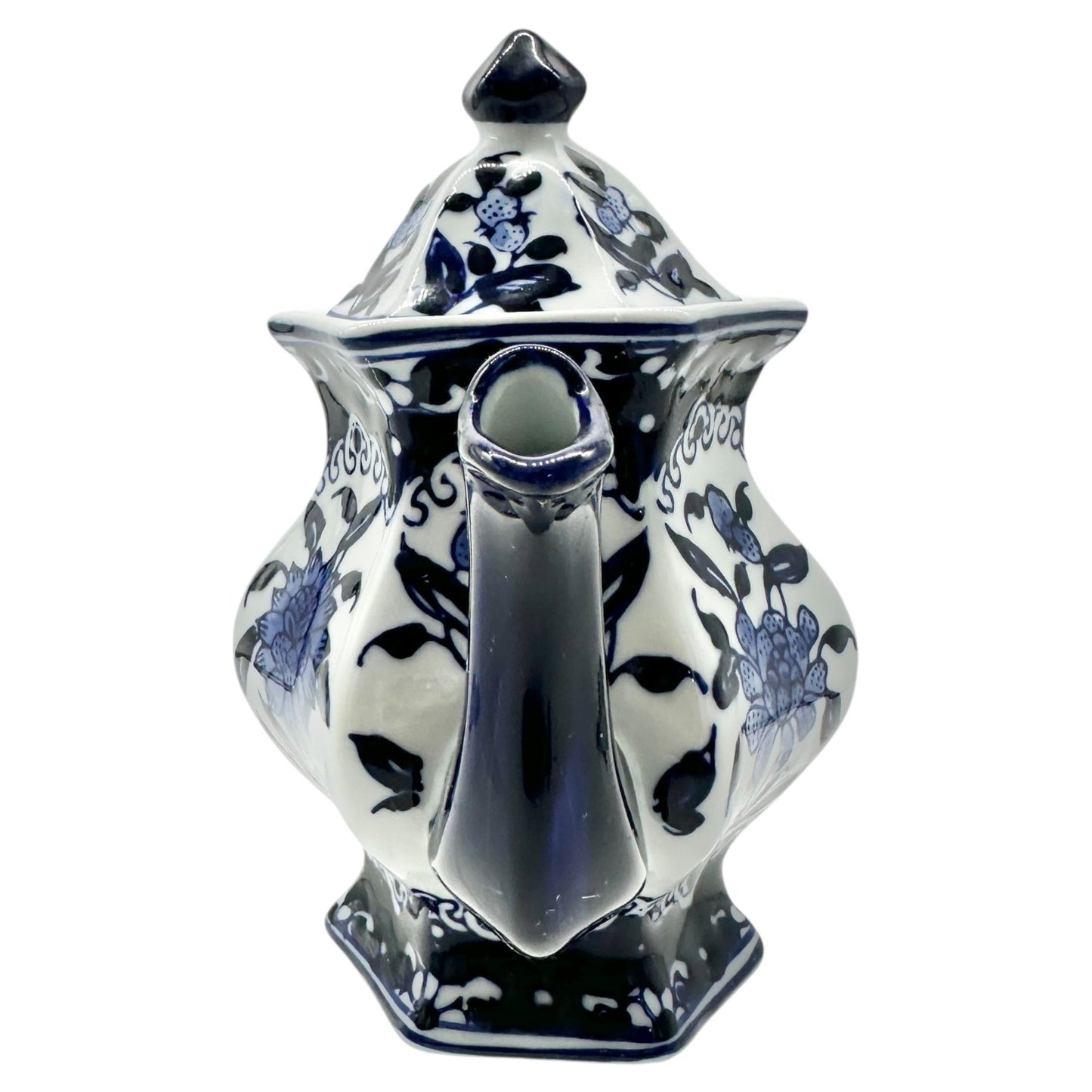 Vintage Inspired Hexagonal Ceramic Teapot With Lid Blue White Floral Design