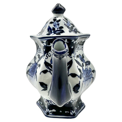 Vintage Inspired Hexagonal Ceramic Teapot With Lid Blue White Floral Design