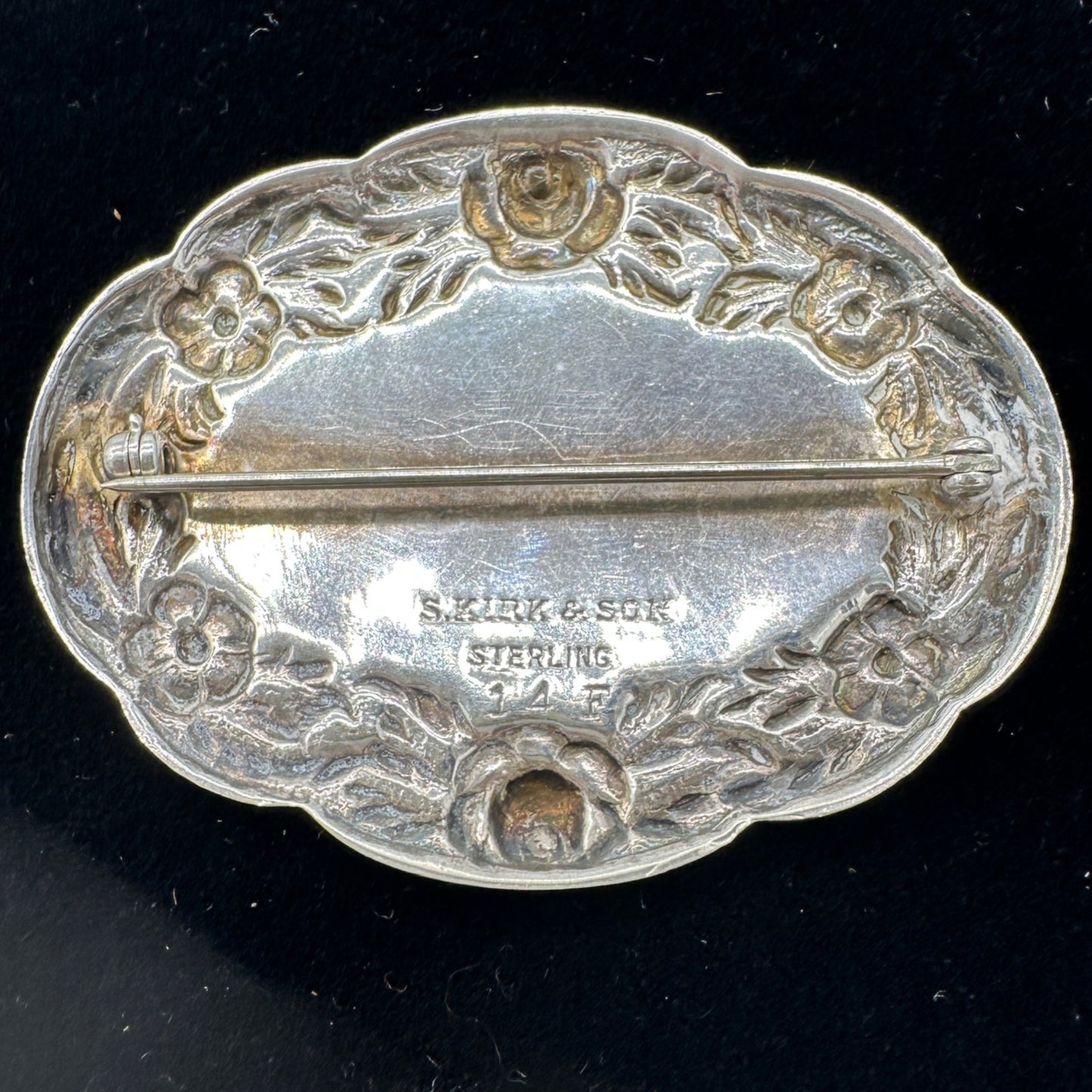 Antique S. Kirk & Son Sterling Silver Floral Oval Brooch With Monogram Engraving