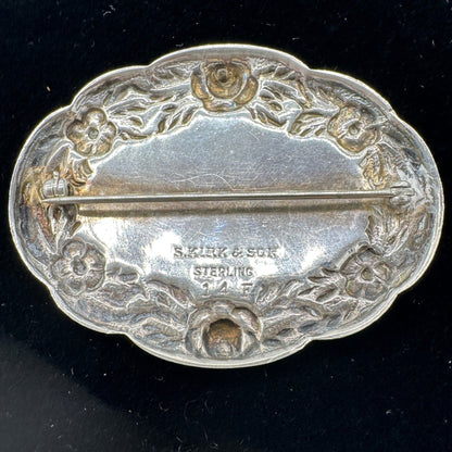 Antique S. Kirk & Son Sterling Silver Floral Oval Brooch With Monogram Engraving