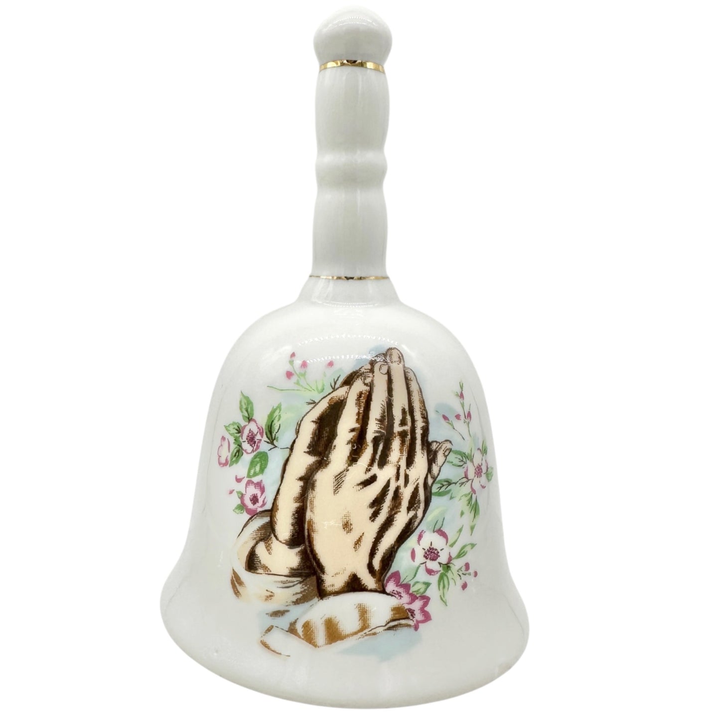 Porcelain Bell in White With Praying Hands Floral Design Gold Accents 4"H Taiwan