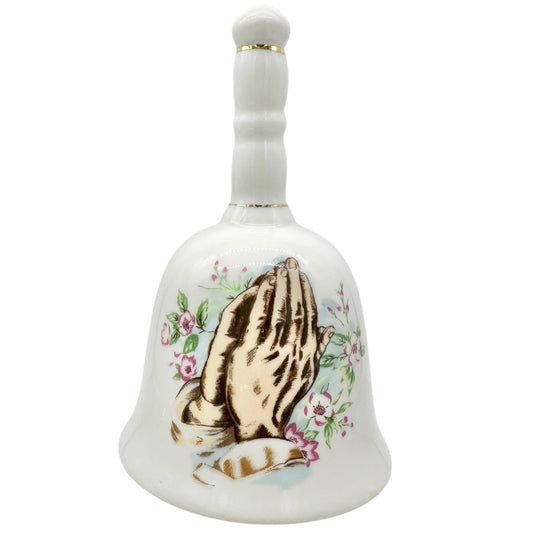 Porcelain Bell in White With Praying Hands Floral Design Gold Accents 4"H Taiwan