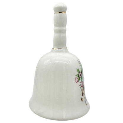 Porcelain Bell in White With Praying Hands Floral Design Gold Accents 4"H Taiwan