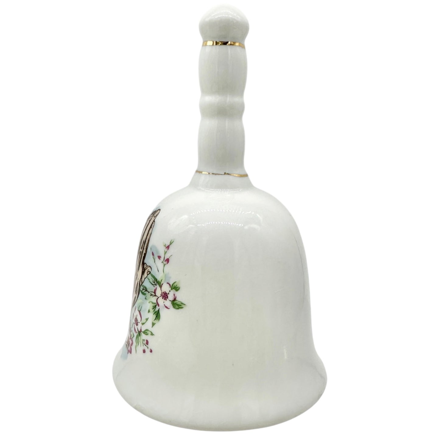 Porcelain Bell in White With Praying Hands Floral Design Gold Accents 4"H Taiwan