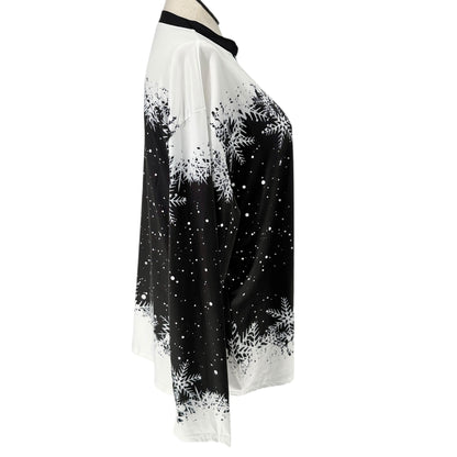 Snowflake Print Womens Top fits like 3XL US Black White LS V-Neck Poly Spandex