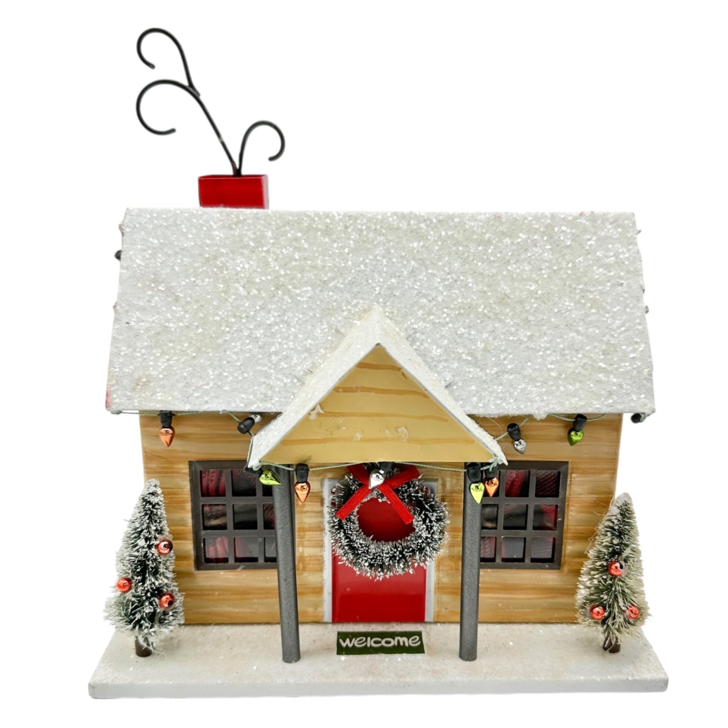 Christmas House Metal With Lights Trees Wreath Metal with Felt Bottom Festive