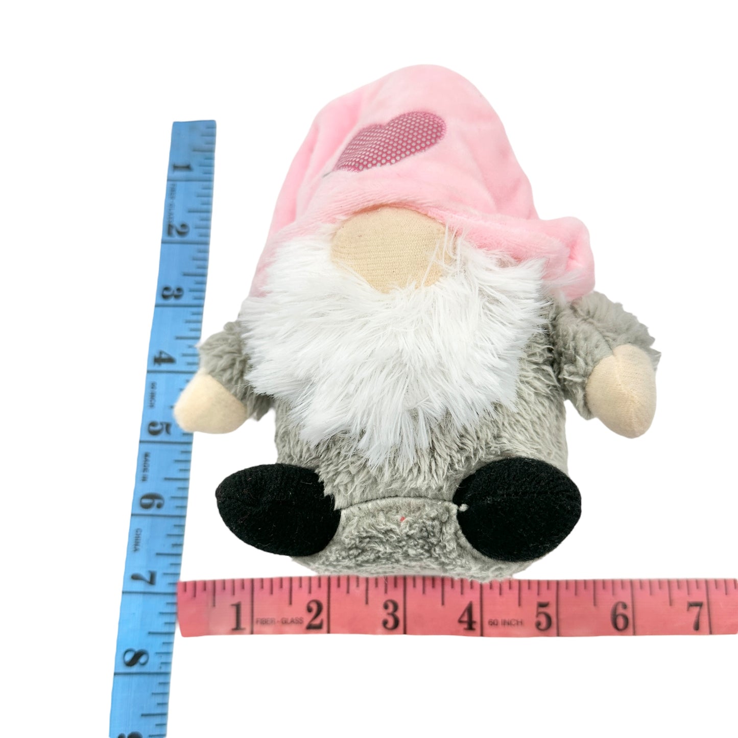 Stuffed Gnome 7 x 6 Gray White Beard Pink Hat with Heart Valentine