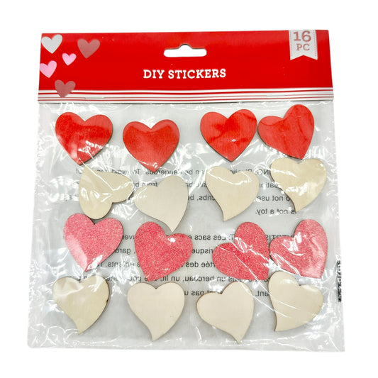 Bag of 16 Wood Heart Stickers Natural Red and Red Glitter