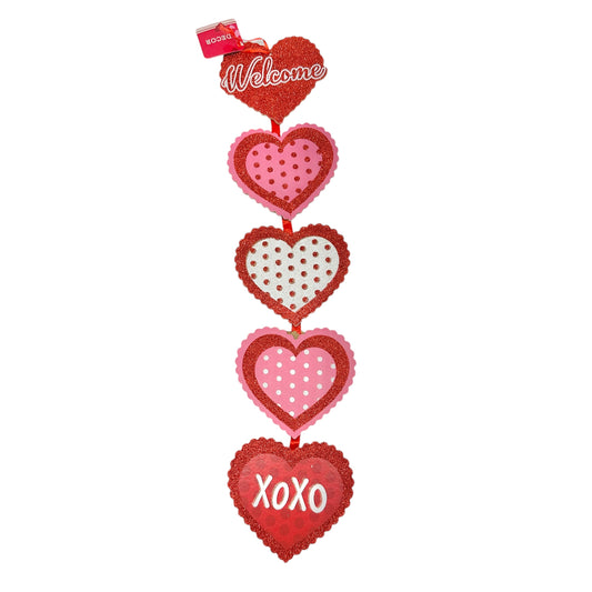 Valentines Day Door Hanger Sign Welcome with 5 Hearts 22.5x4.5 inches