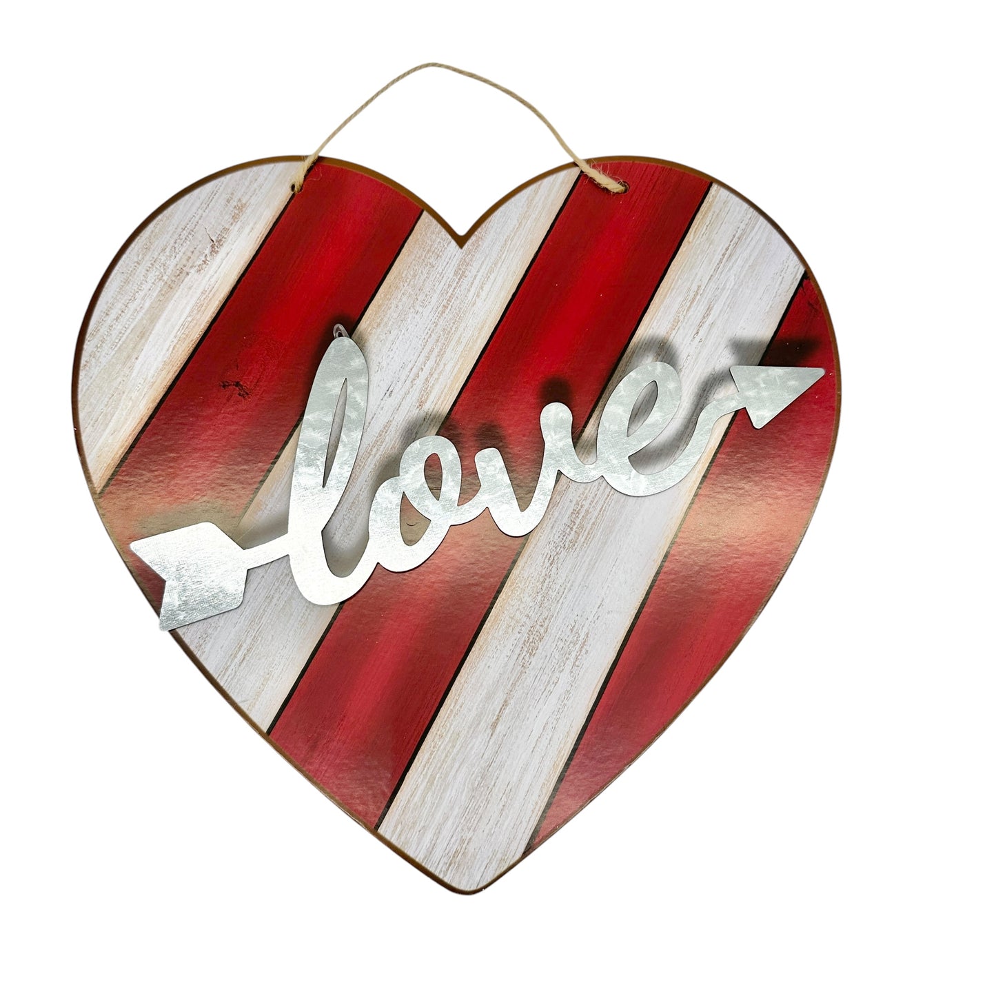 Valentines Day Wall Hanging Sign Hearts Red White Tin LOVE 11x11 inches