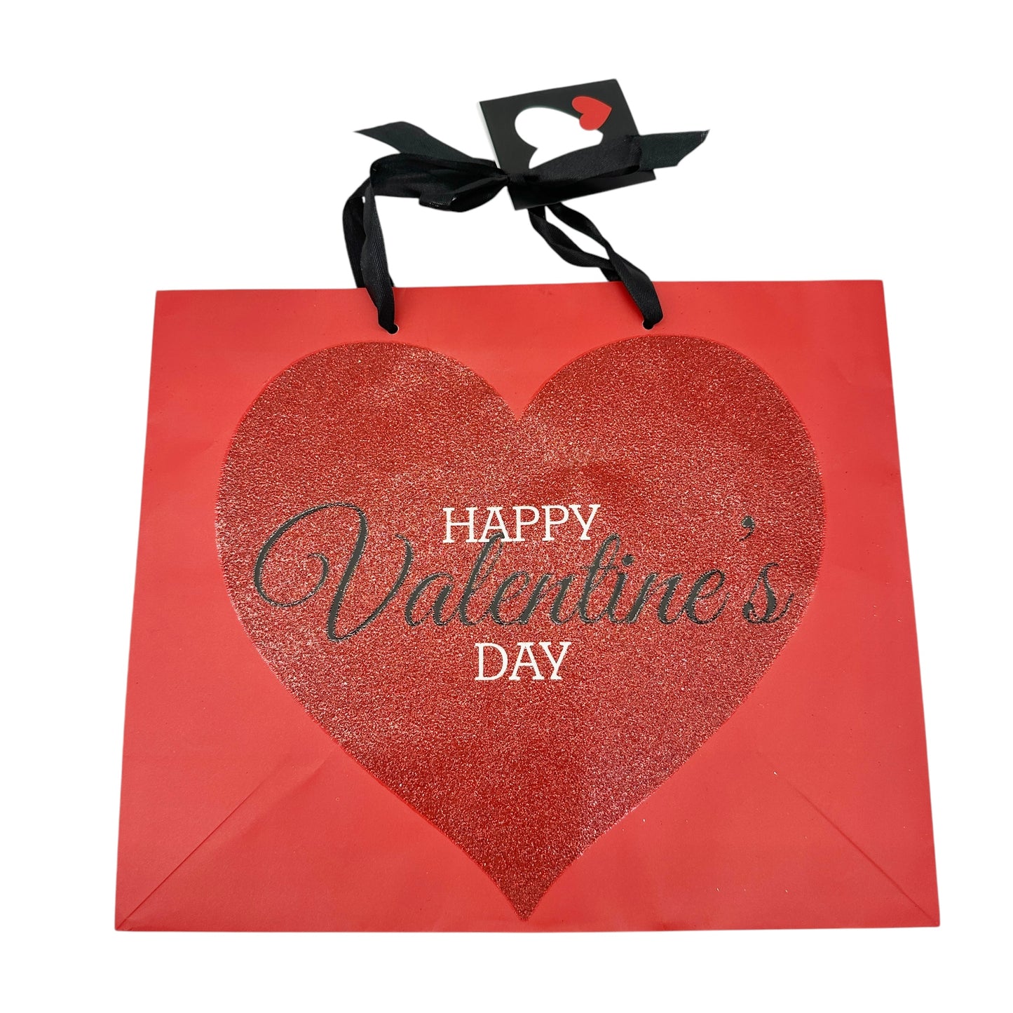 Valentine's Day Gift Bag 10x12 Red with Gift Tag Black Ribbon Handles