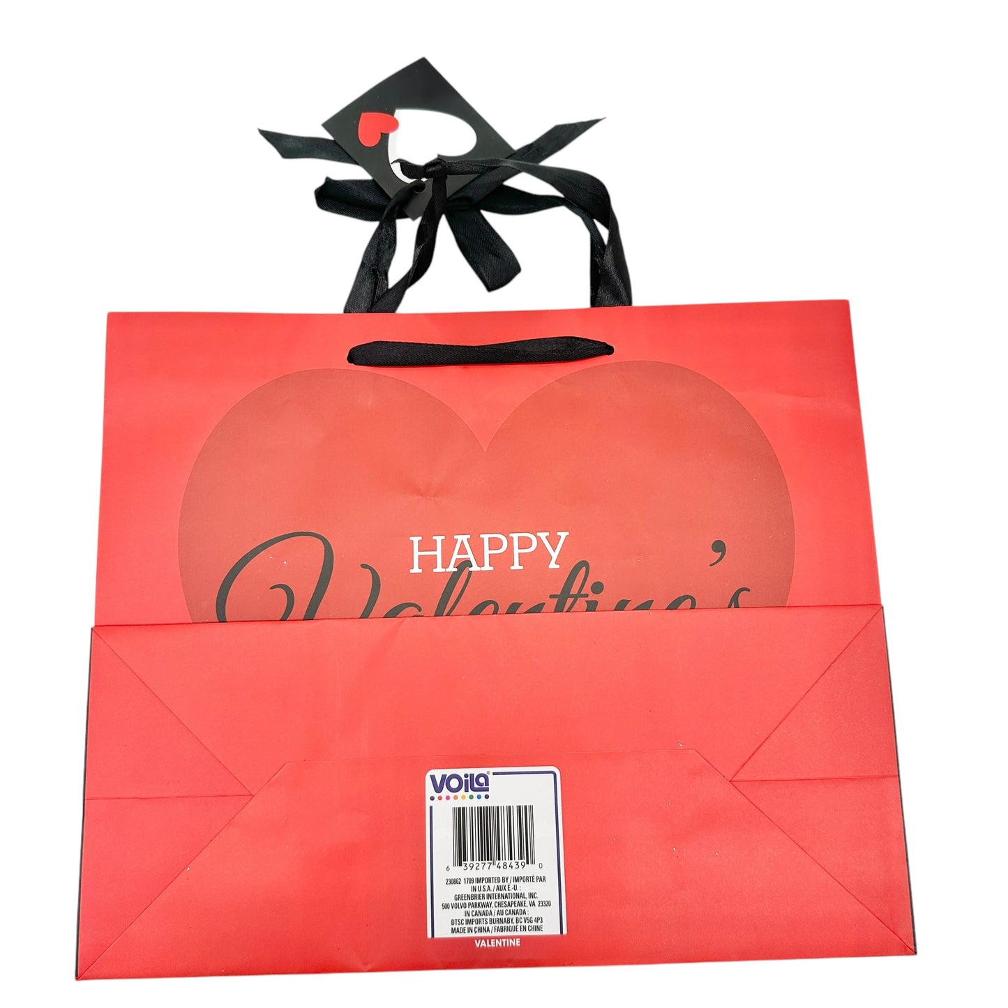 Valentine's Day Gift Bag 10x12 Red with Gift Tag Black Ribbon Handles