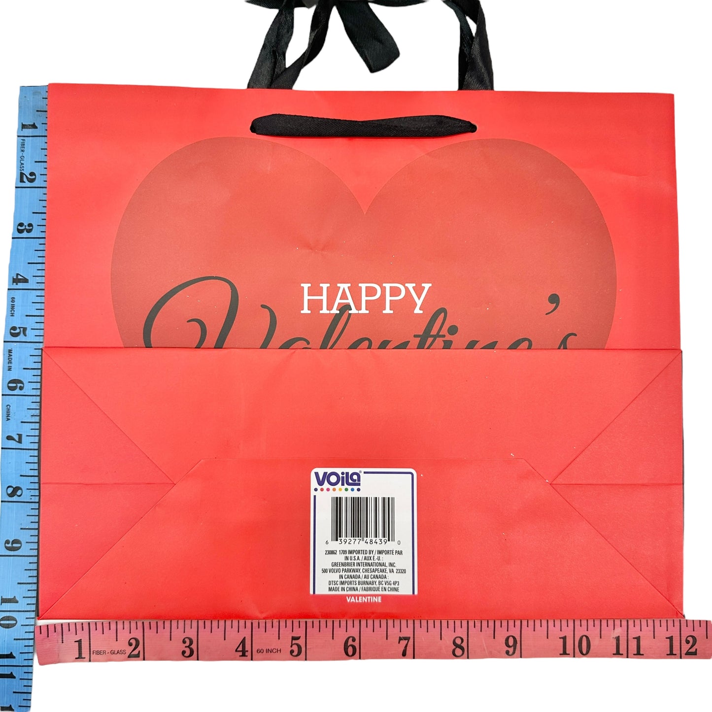 Valentine's Day Gift Bag 10x12 Red with Gift Tag Black Ribbon Handles