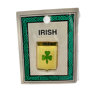 Irish Lapel Pin Goldtone Metal Ecru Background and Green Clover New on Card in Plastic