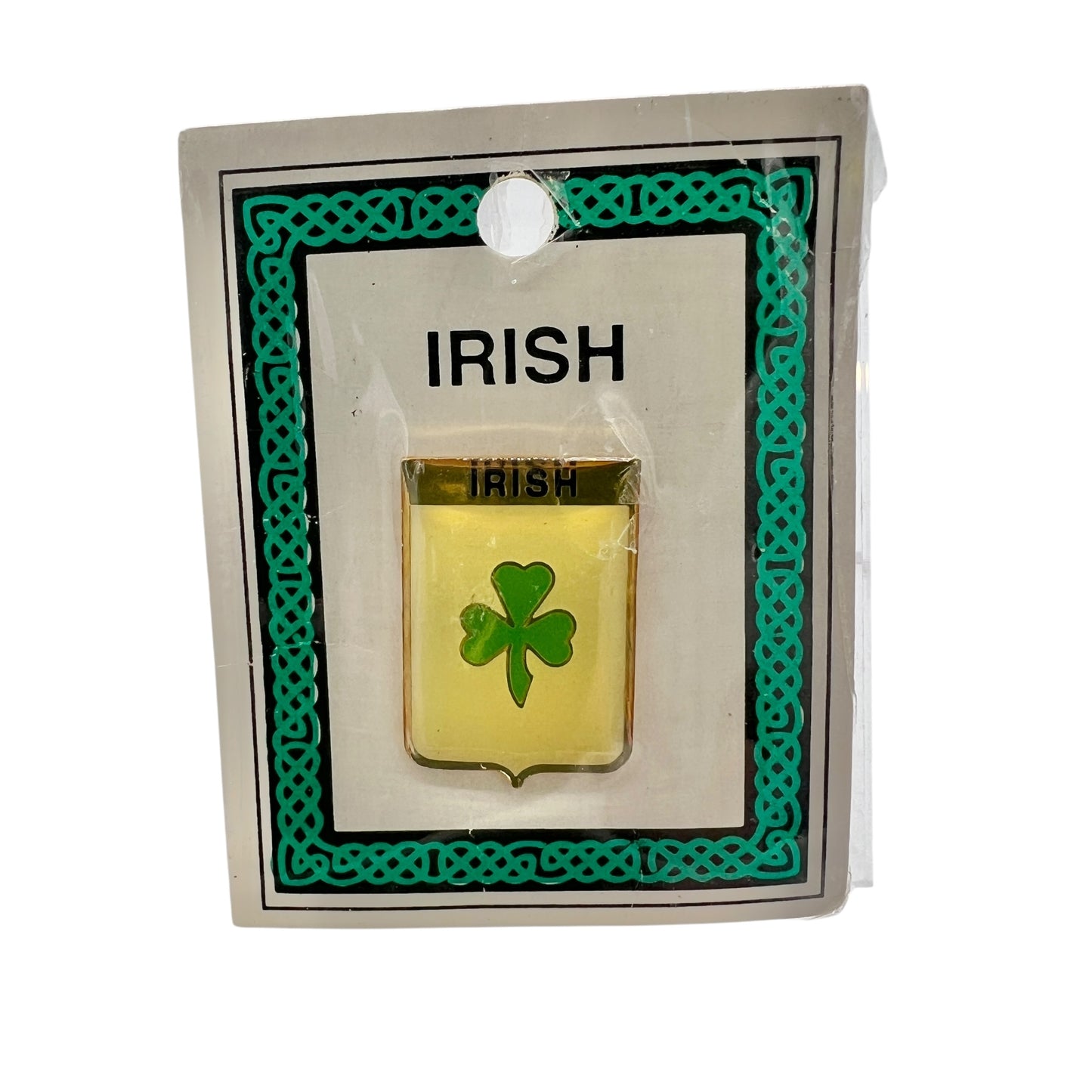 Irish Lapel Pin Goldtone Metal Ecru Background and Green Clover New on Card in Plastic