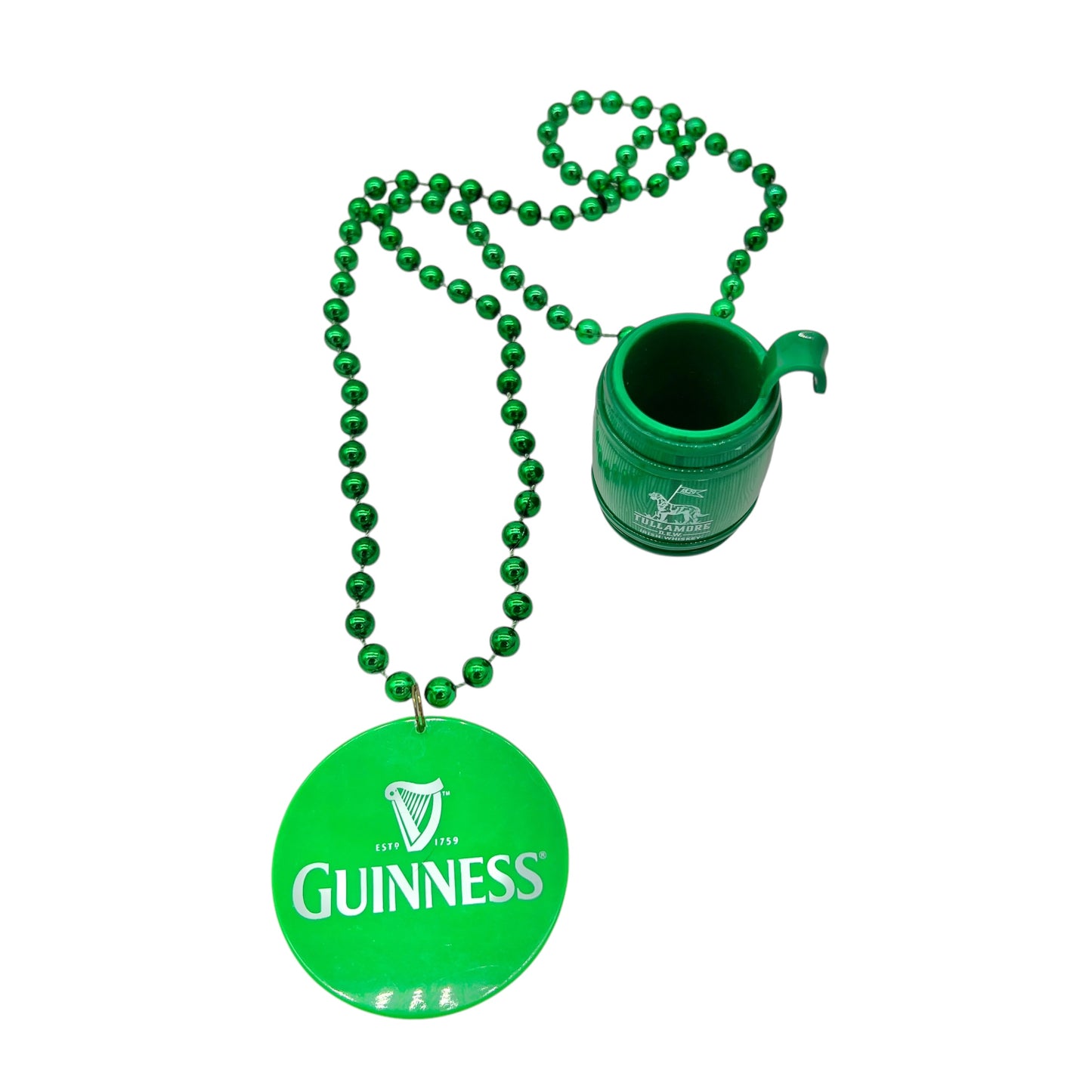 St. Patrick's Day Green Guinness Beaded Necklace and Tullamore Barrel Shot Glass