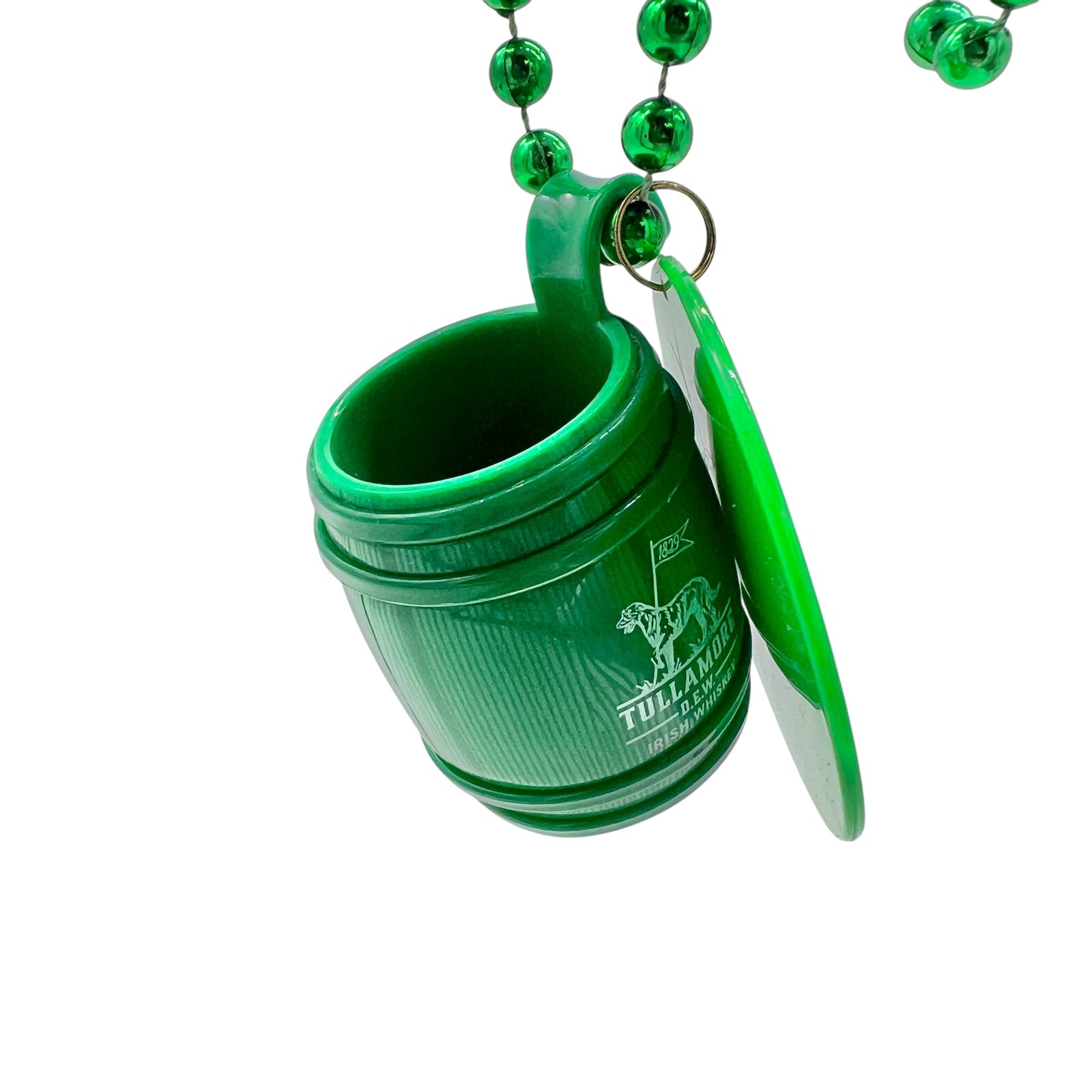 St. Patrick's Day Green Guinness Beaded Necklace and Tullamore Barrel Shot Glass