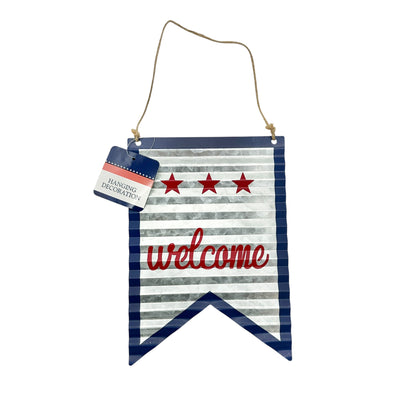 Patriot Welcome Tin 8 x 6 Hanging Sign Red White Blue NWT