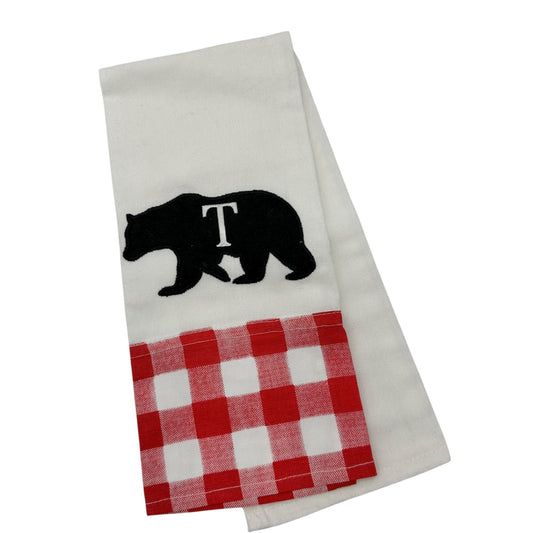 Bear Applique Kitchen Towel Red White Plaid Trim Embroidered T Initial 28x18