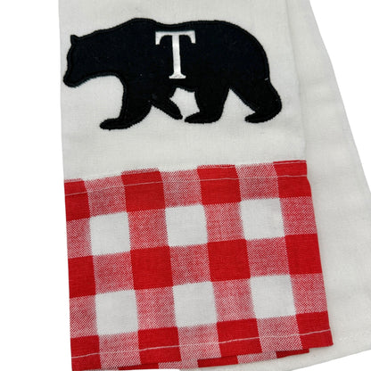 Bear Applique Kitchen Towel Red White Plaid Trim Embroidered T Initial 28x18