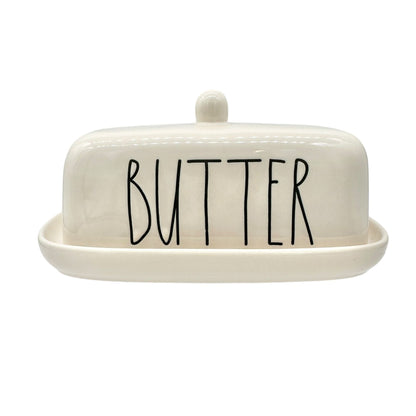 Rae Dunn Artisan Collection BUTTER Dish with Lid Ceramic White Black Letters NEW