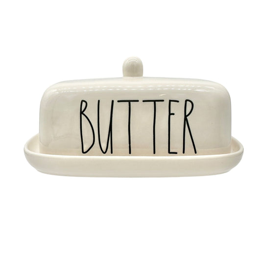 Rae Dunn Artisan Collection BUTTER Dish with Lid Ceramic White Black Letters NEW