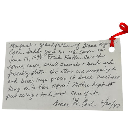 Frank Feathers Hand Carved Wooden Spoon 1934 Provenance Card Washington Cnty MD