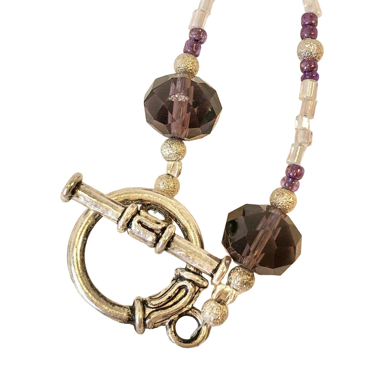 Handmade Boho Jewelry Purple & Crystal Glass Bead Necklace With Toggle Clasp