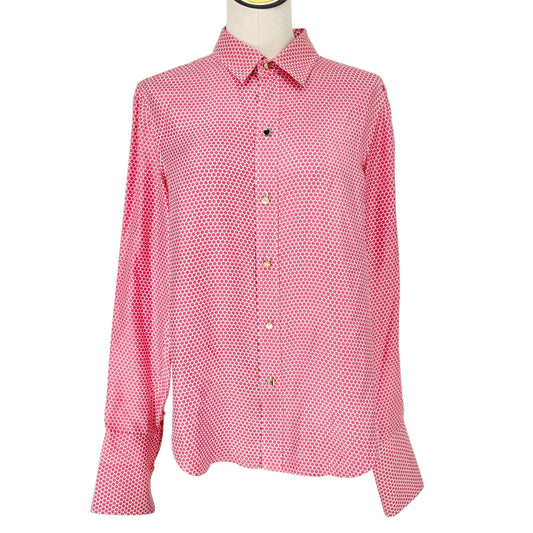W By Worth Button Up Blouse Womens M Pink Polka Dot Long Sleeve 100% Silk