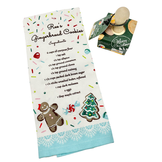 The Pioneer Woman Gingerbread Cookie Recipe Kitchen Towel Set plus Cookie Stamps