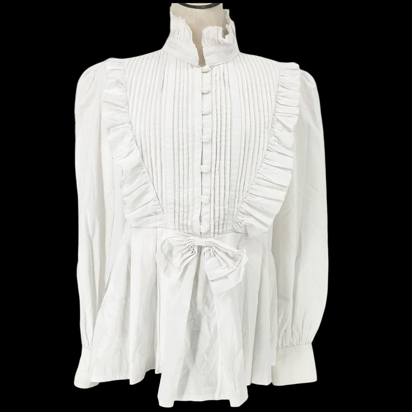 Victorian White Ruffled Peplum Blouse Cotton High Neck LS Size L -Fits Like M