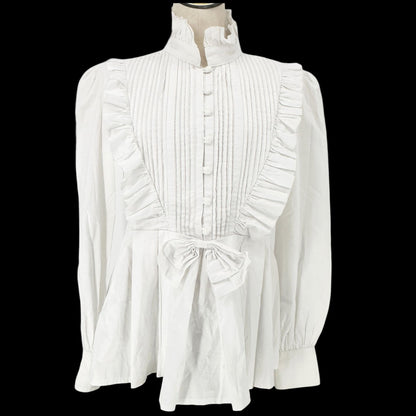 Victorian White Ruffled Peplum Blouse Cotton High Neck LS Size L -Fits Like M