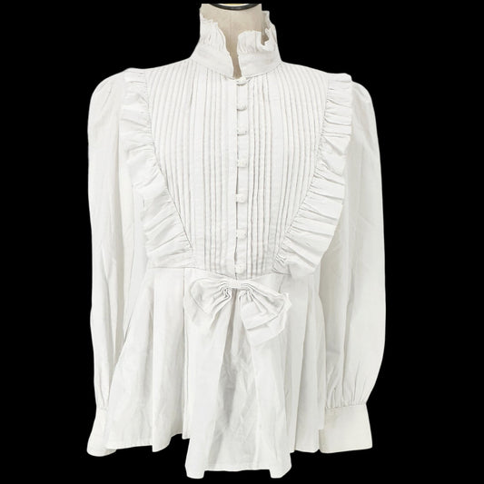Victorian White Ruffled Peplum Blouse Cotton High Neck LS Size L -Fits Like M