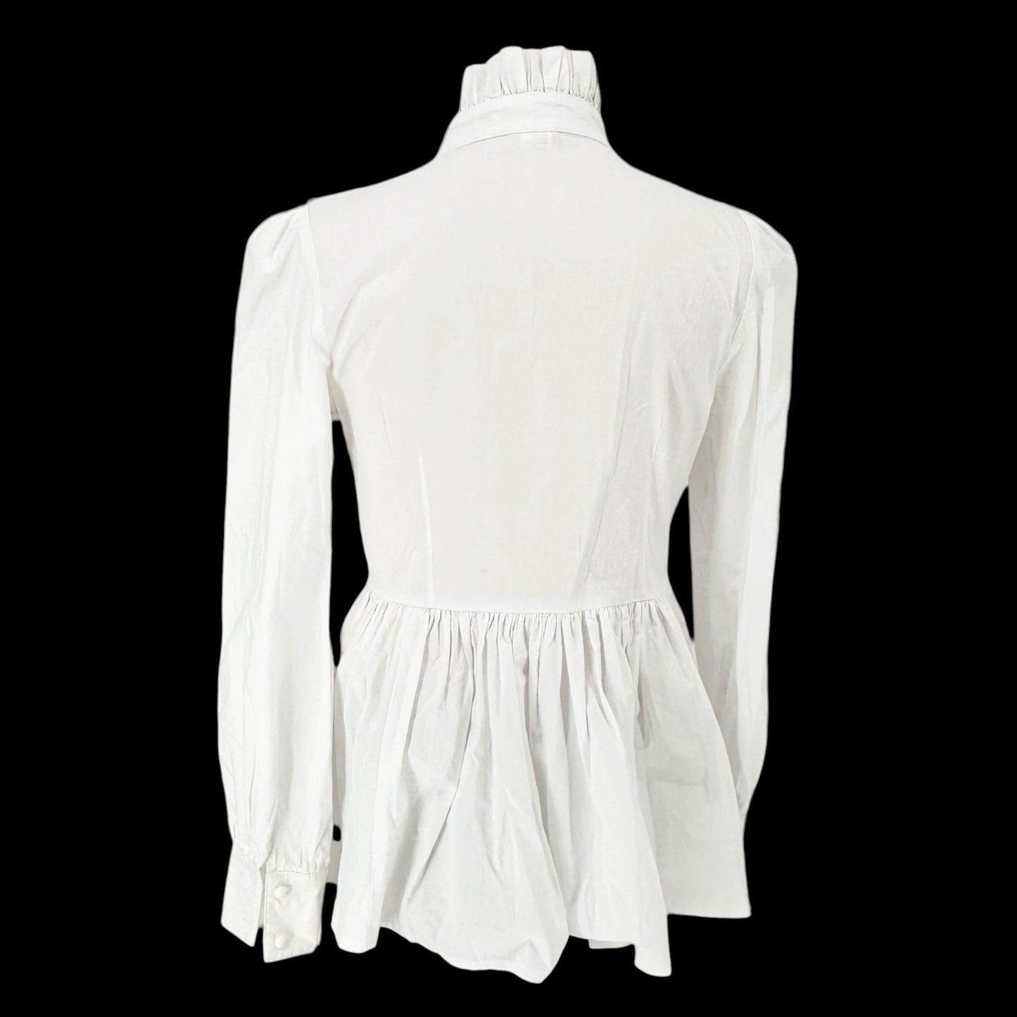 Victorian White Ruffled Peplum Blouse Cotton High Neck LS Size L -Fits Like M