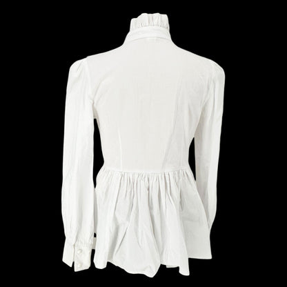 Victorian White Ruffled Peplum Blouse Cotton High Neck LS Size L -Fits Like M
