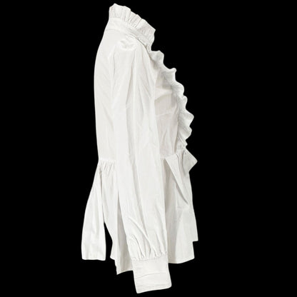 Victorian White Ruffled Peplum Blouse Cotton High Neck LS Size L -Fits Like M