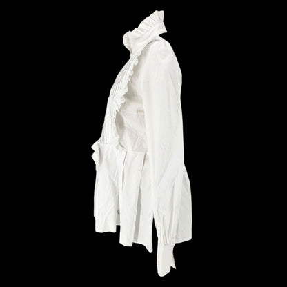Victorian White Ruffled Peplum Blouse Cotton High Neck LS Size L -Fits Like M