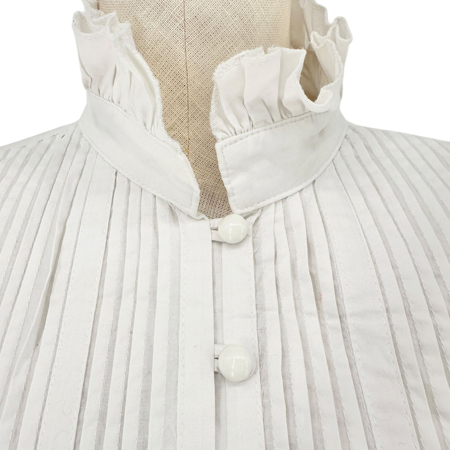 Victorian White Ruffled Peplum Blouse Cotton High Neck LS Size L -Fits Like M